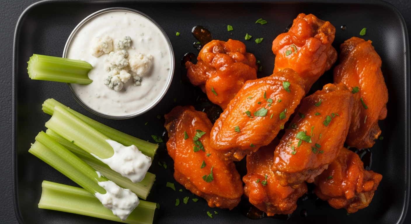 Classic Buffalo-style chicken wings on a black plate - crispy air fryer wings