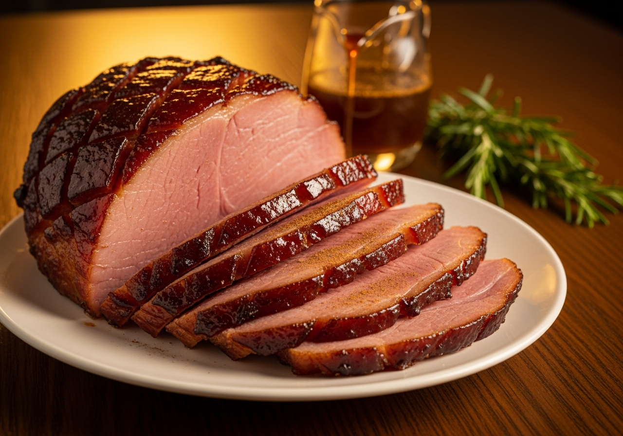 Bourbon Maple Glazed Ham - glazed ham slices with deep amber maple bourbon glaze, cinnamon dust, fresh rosemary sprig garnish