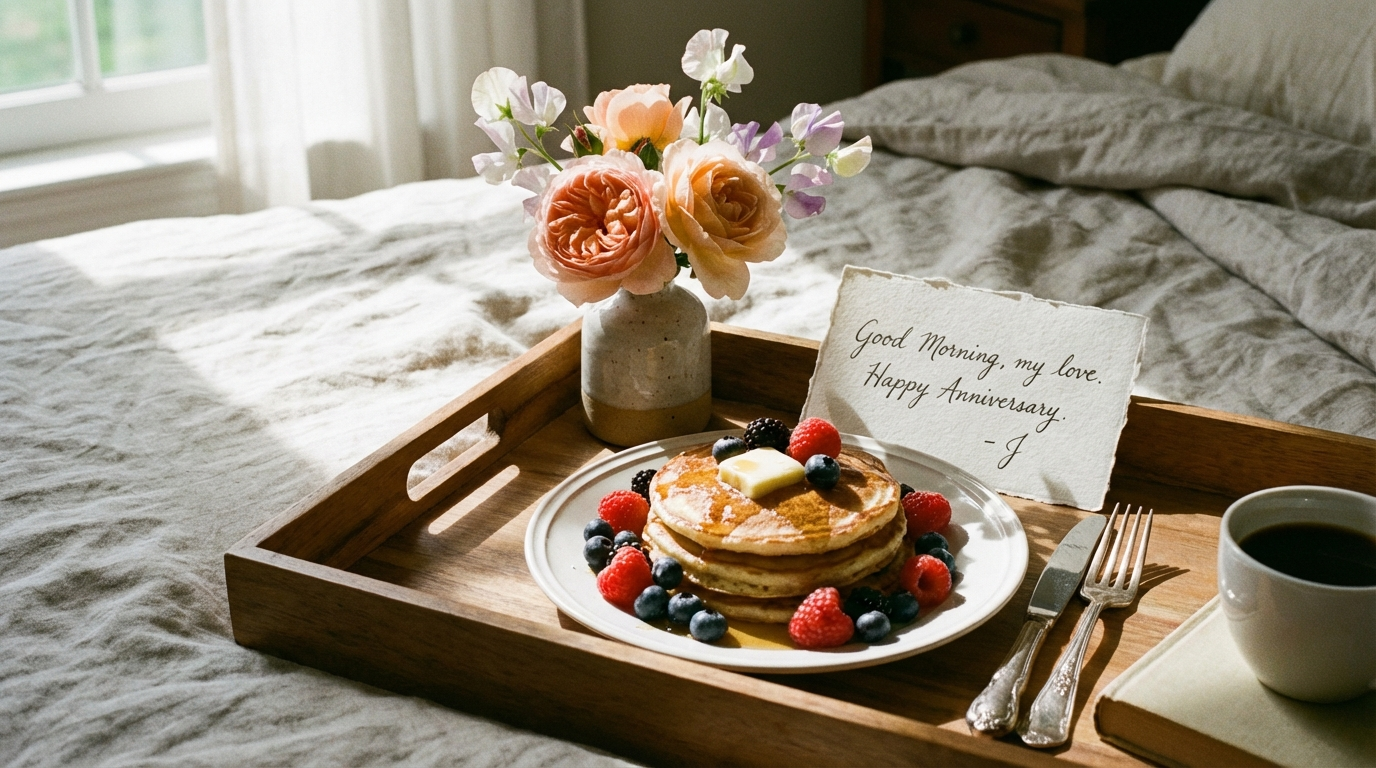 A beautifully arranged breakfast in bed tray with pancakes, fresh berries, a small vase of flowers, and a handwritten card