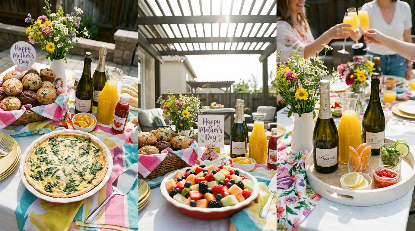 A vibrant Mother's Day brunch spread with quiche, fruit salad, muffins, and a mimosa bar