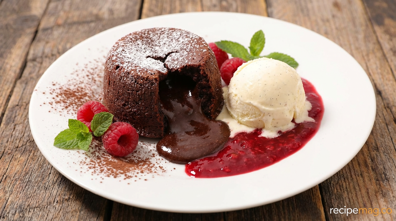 A decadent chocolate lava cake with raspberry coulis and a scoop of vanilla ice cream
