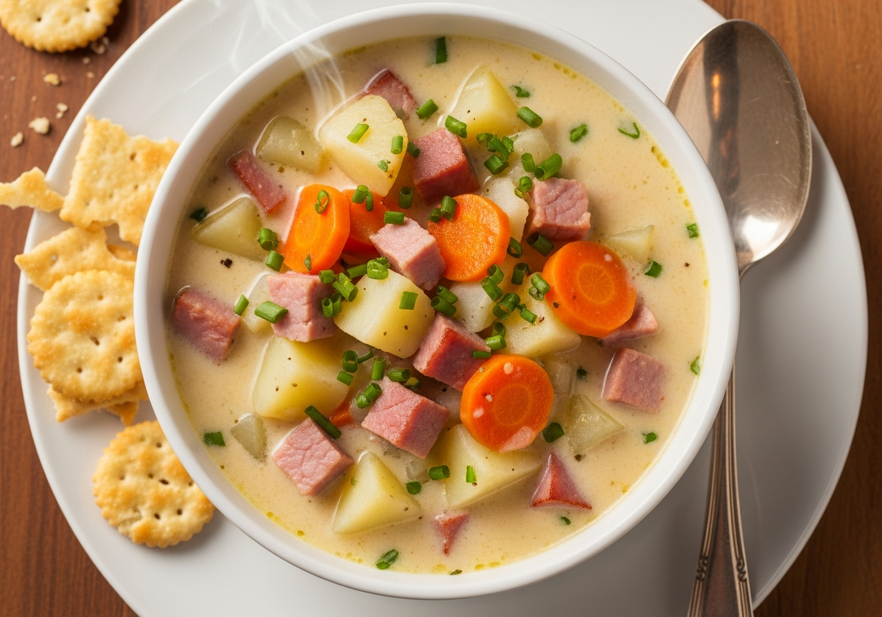 Ham and Potato Soup - creamy potato soup with diced ham, carrot pieces, fresh chives sprinkled on top in white bowl