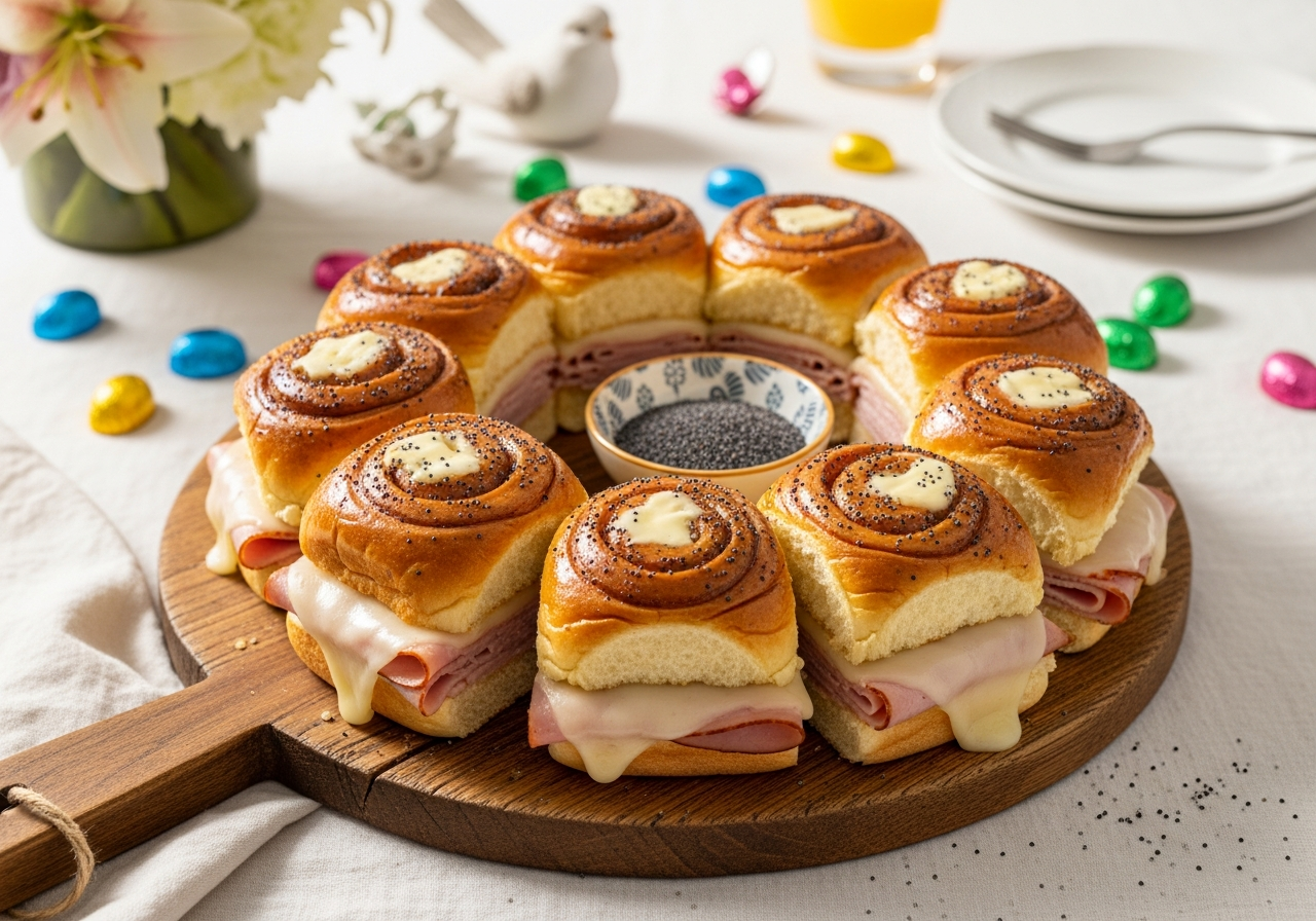 Hawaiian Ham Sliders - sweet roll sliders arranged on wooden cutting board, showing layers of ham and melted Swiss cheese with poppy seed butter topping