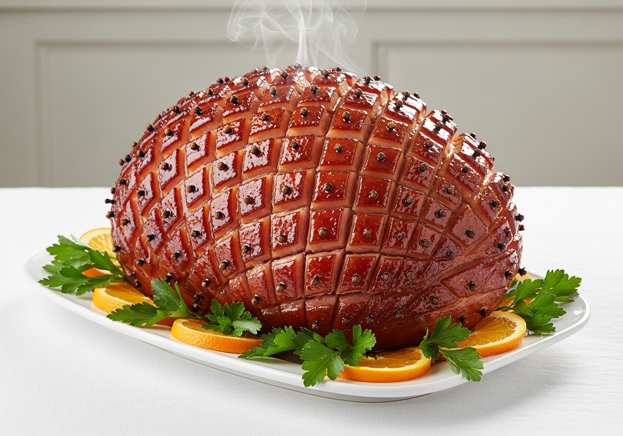 Classic Honey Brown Sugar Glazed Ham - spiral cut ham with caramelized honey brown sugar glaze, diamond scoring pattern, garnished with fresh parsley on white platter
