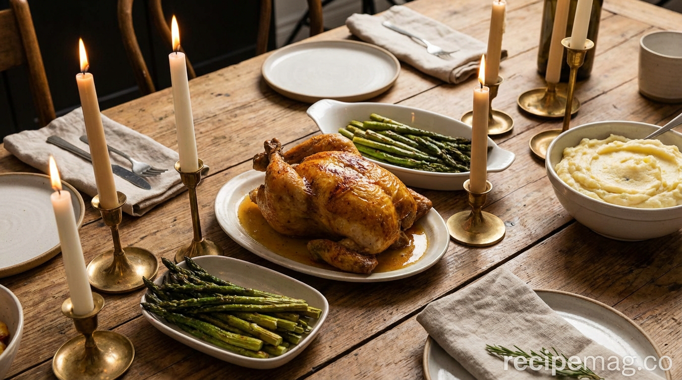 A beautifully set dinner table with roasted chicken, asparagus, mashed potatoes, and candles