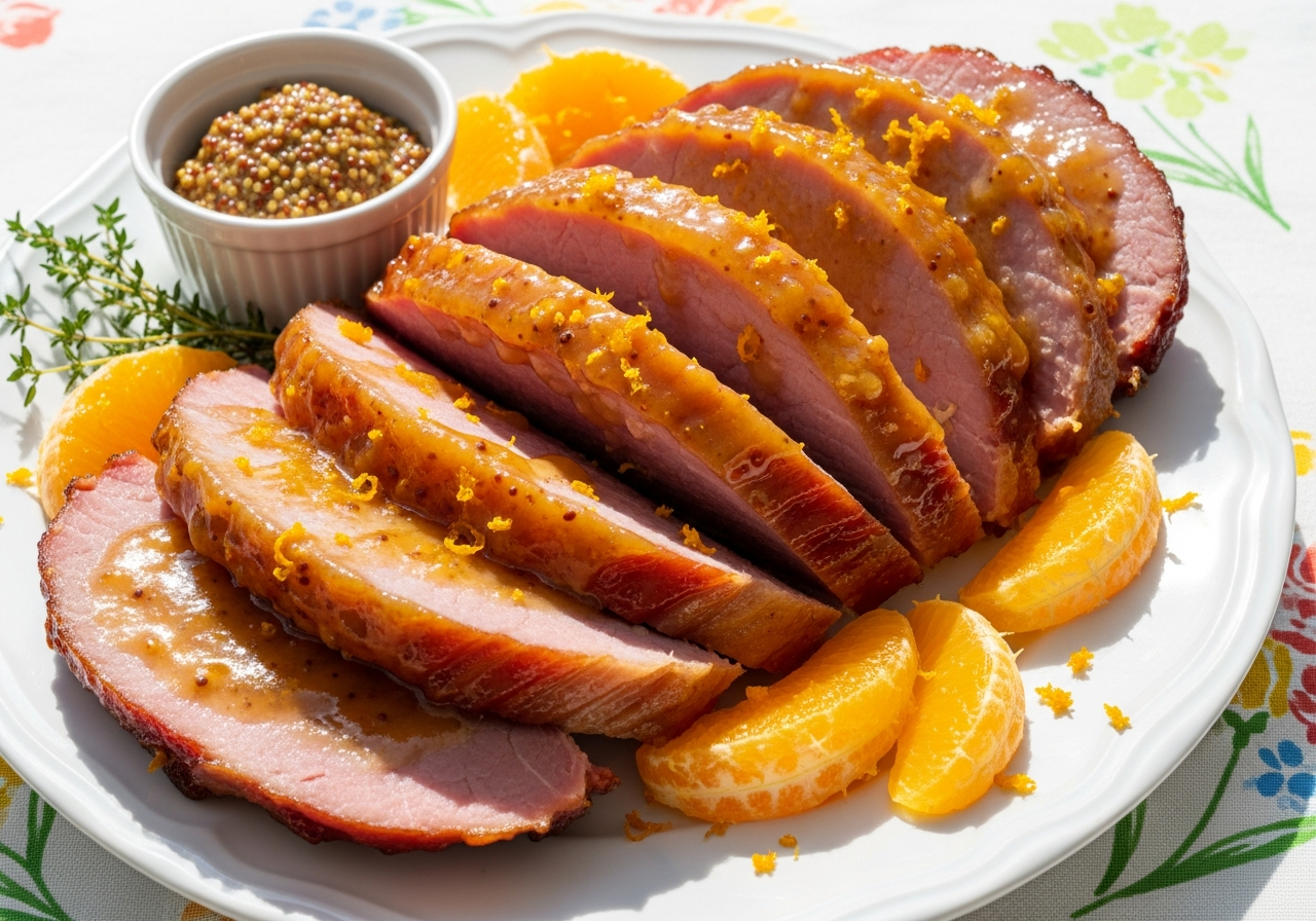 Orange Marmalade Mustard Glazed Ham - glazed ham slices with orange marmalade mustard glaze, orange segments and zest garnish