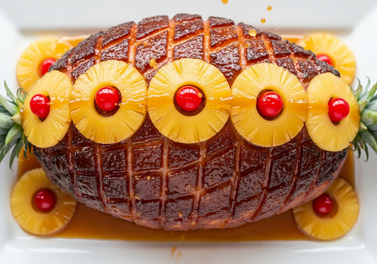 Pineapple Brown Sugar Glazed Ham - glazed ham with pineapple rings and maraschino cherries arranged on top, brown sugar caramelized glaze
