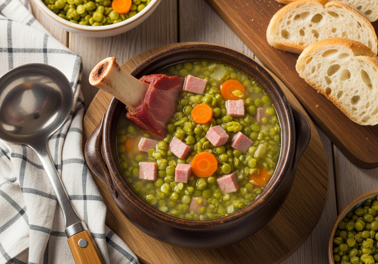 Split Pea Soup with Ham - thick green pea soup with diced ham and carrot pieces in rustic bowl, with bread slices on wooden board
