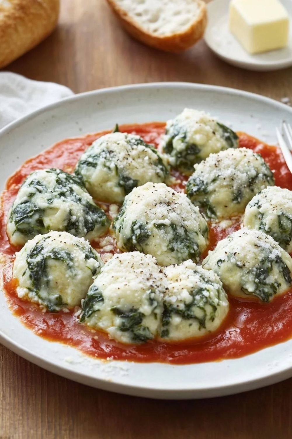 Overhead view of freshly cooked spinach and ricotta gnudi served in a shallow bowl with sage butter sauce and grated parmesan cheese