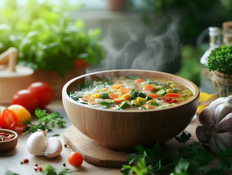 A steaming bowl of cabbage vegetable soup on a rustic wooden table with crusty bread