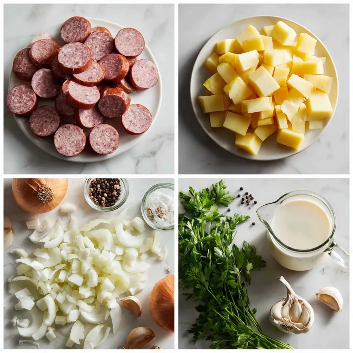 Fresh raw ingredients for soup including cabbage, carrots, onions, and garlic on a marble counter