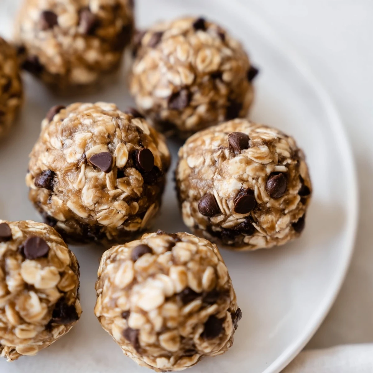A variety of healthy homemade energy balls arranged on a marble cutting board with scattered oats and chocolate chips