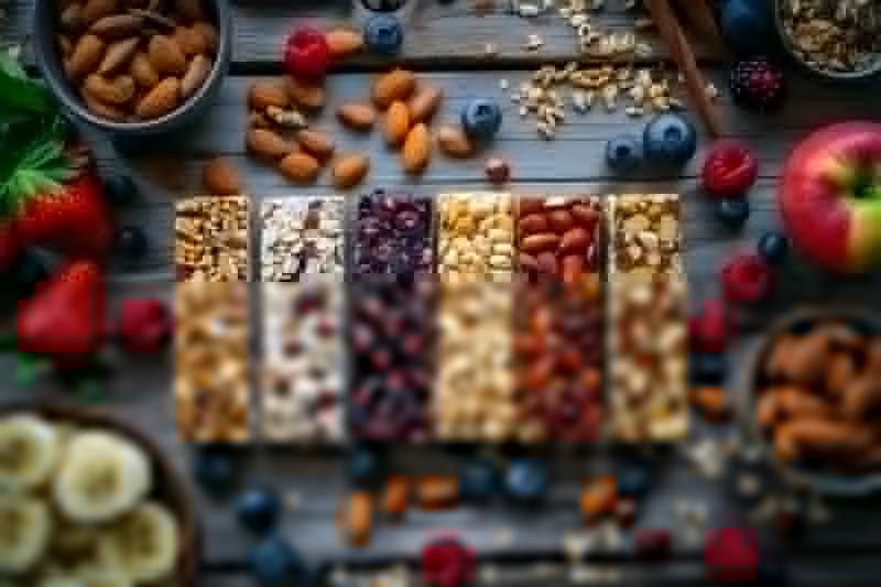 Bowls of rolled oats, creamy peanut butter, honey, and chia seeds on a wooden table