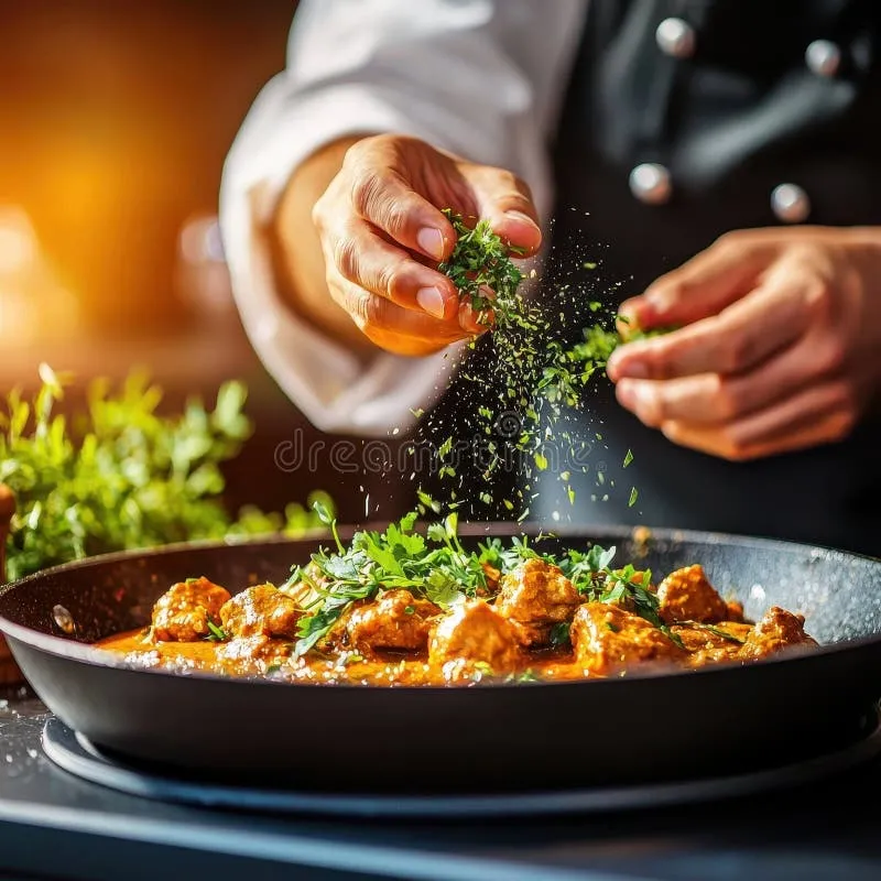 A hand sprinkling dried oregano and coarse sea salt over searing bell peppers and onions in a skillet.