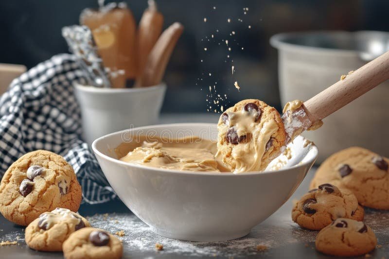 A glass mixing bowl filled with thick almond flour cookie dough and dark chocolate chips