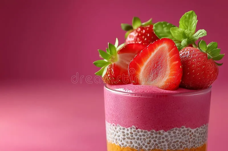 A glass jar filled with vibrant pink strawberry chia pudding topped with fresh sliced strawberries and a sprig of mint