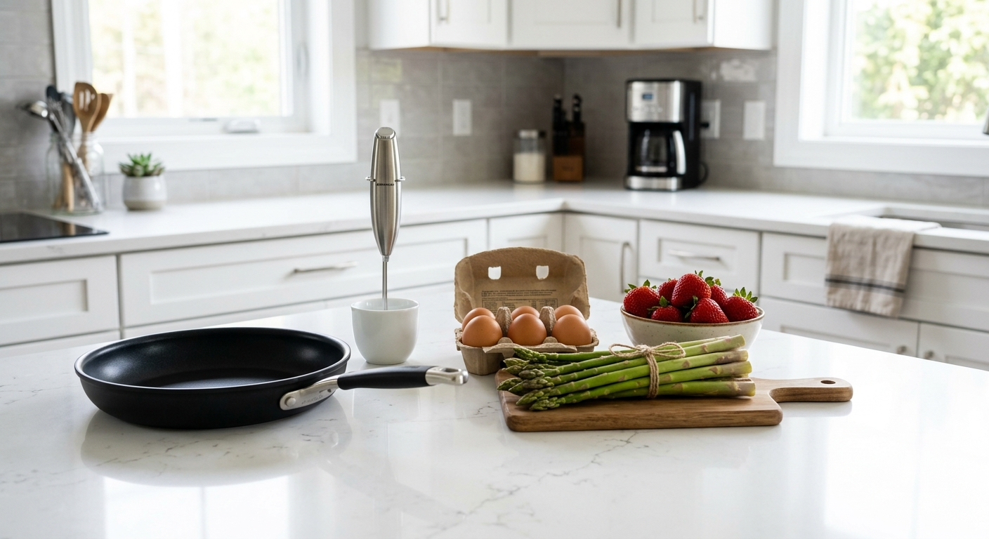 Modern kitchen counter with an immersion blender, a non-stick skillet, and fresh ingredients ready for cooking