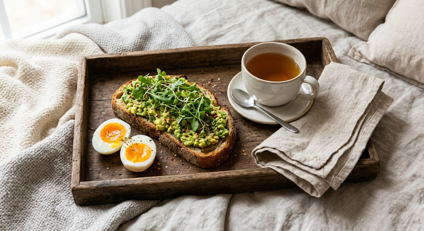 A savory breakfast tray featuring gourmet avocado toast, a soft-boiled egg, and a fresh cup of tea