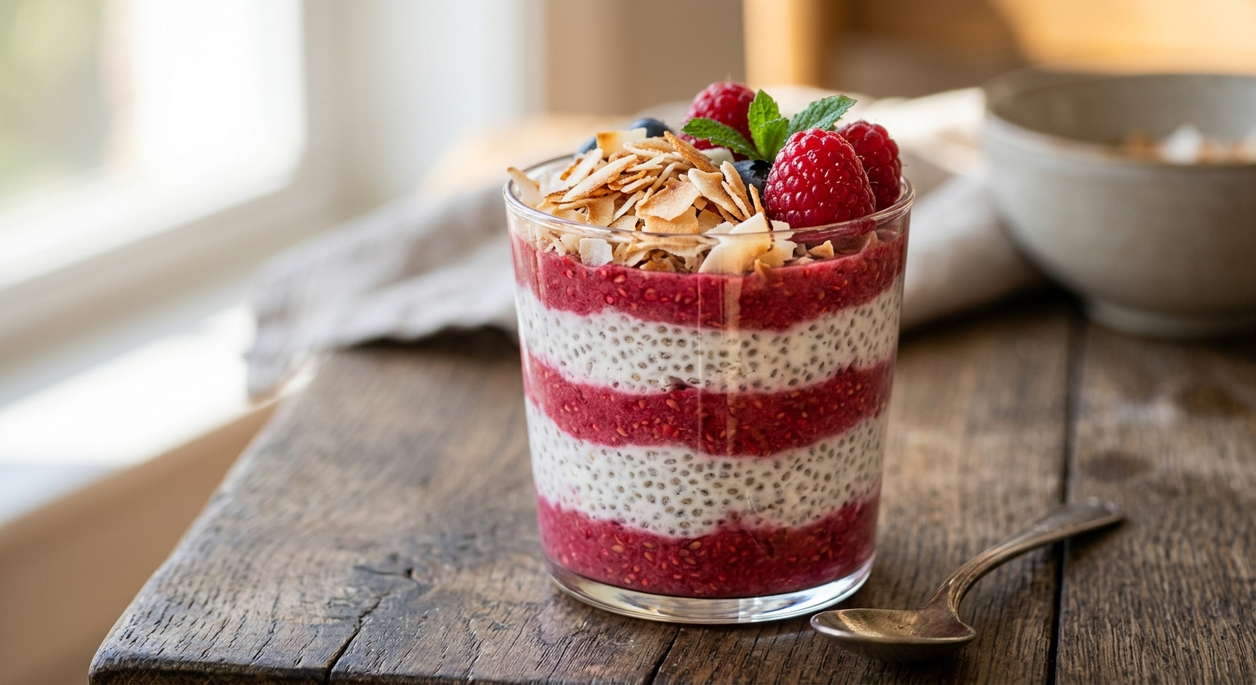 Close up of a layered chia pudding in a clear glass featuring vibrant pink raspberry puree