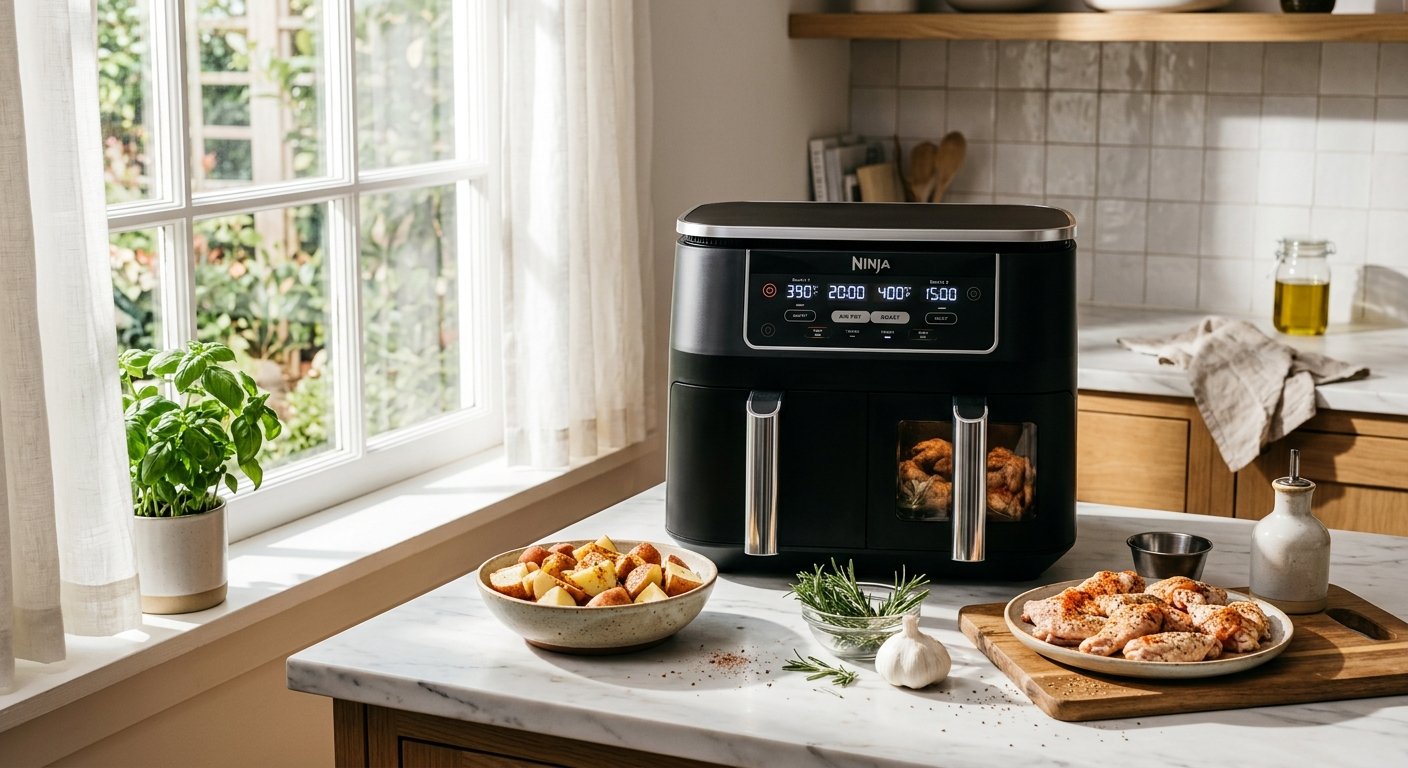 Cosori Dual Blaze Twinfry air fryer on a modern kitchen counter