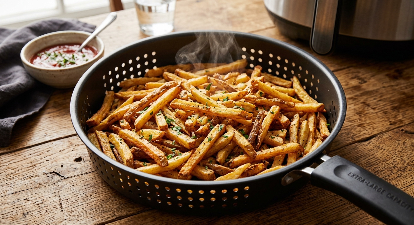 Large batch of french fries in the Megazone air fryer basket