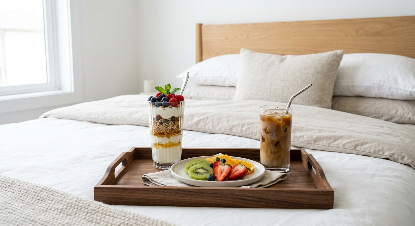A healthy no-cook breakfast tray featuring a yogurt parfait with granola, fresh fruit platter, and iced coffee
