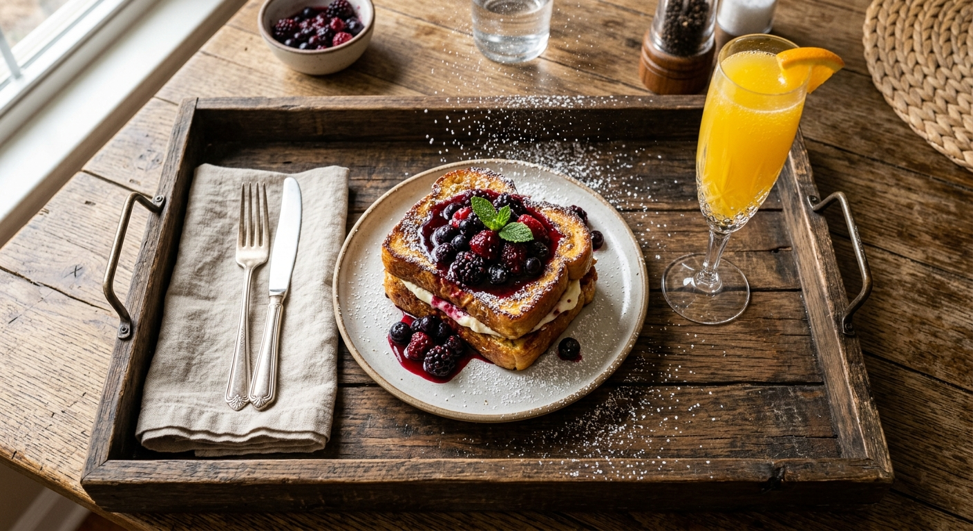A decadent breakfast tray with stuffed French toast, a sparkling mimosa, and powdered sugar dusting
