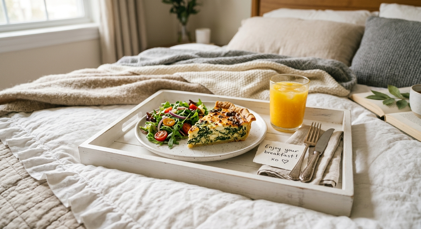 A savory breakfast tray featuring a slice of spinach and feta quiche, side salad, and fresh orange juice