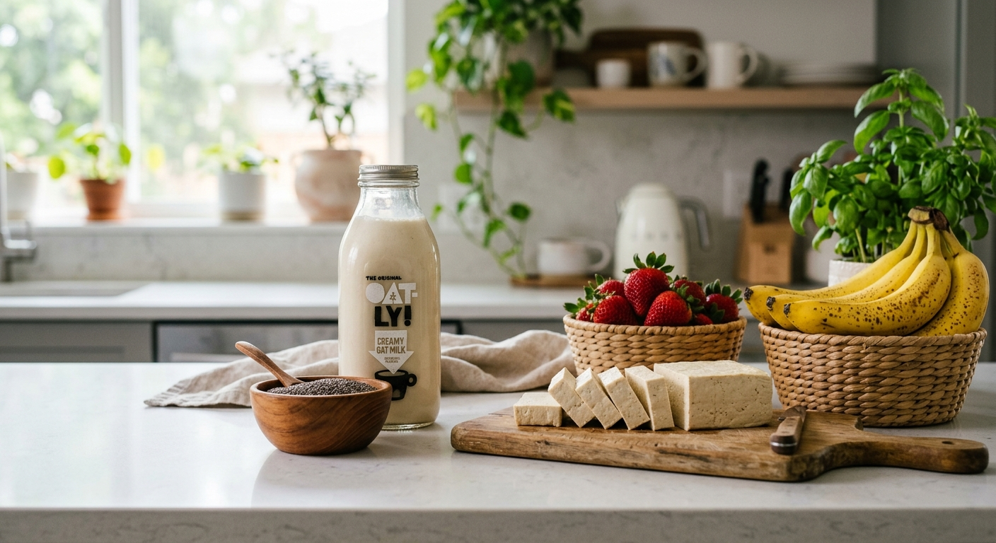 Various vegan breakfast ingredients including oat milk, chia seeds, fresh fruit, and tofu on a kitchen counter
