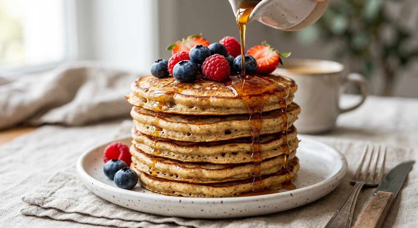 Stack of vegan buttermilk pancakes topped with fresh berries and maple syrup