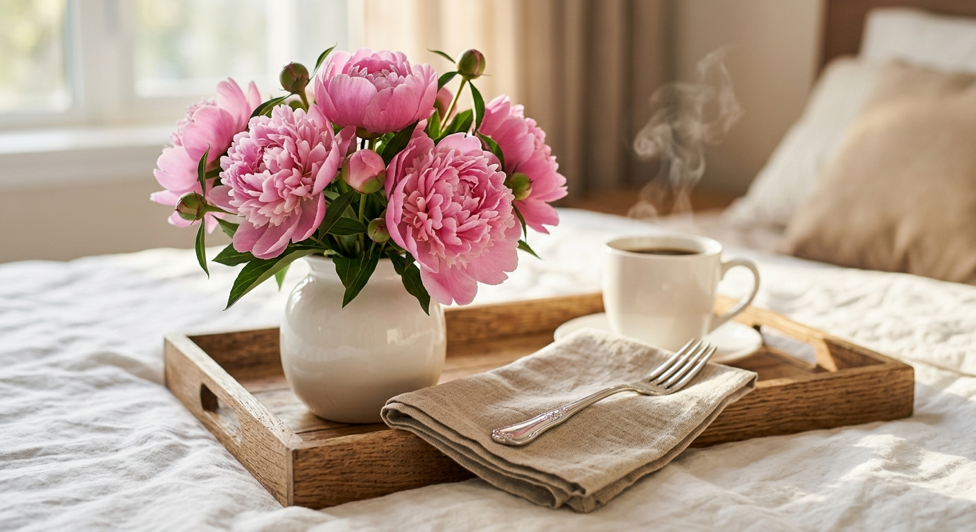 A wooden breakfast tray with a small vase of flowers, folded linen napkin, and a cup of coffee