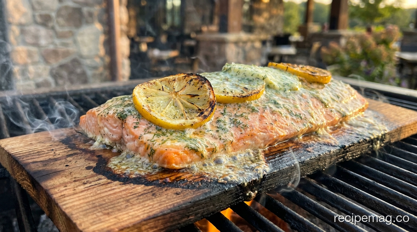 Cedar Plank Salmon with Dill Compound Butter