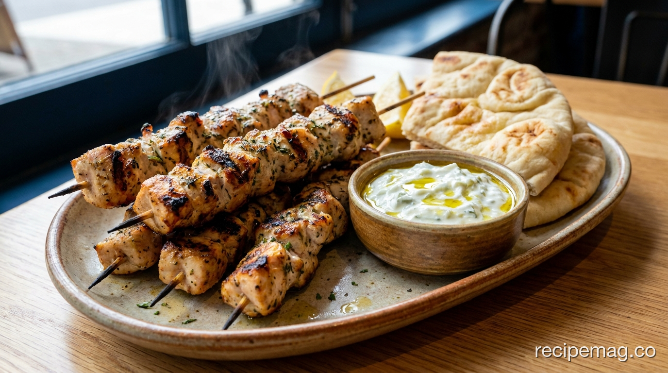 Chicken Souvlaki with Tzatziki and Warm Pita