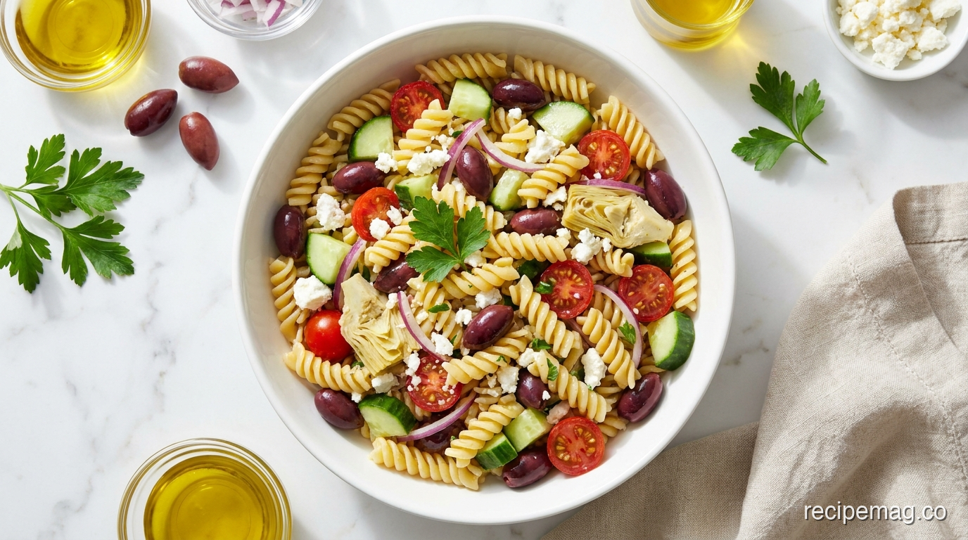 Greek Pasta Salad with Olives and Cucumber