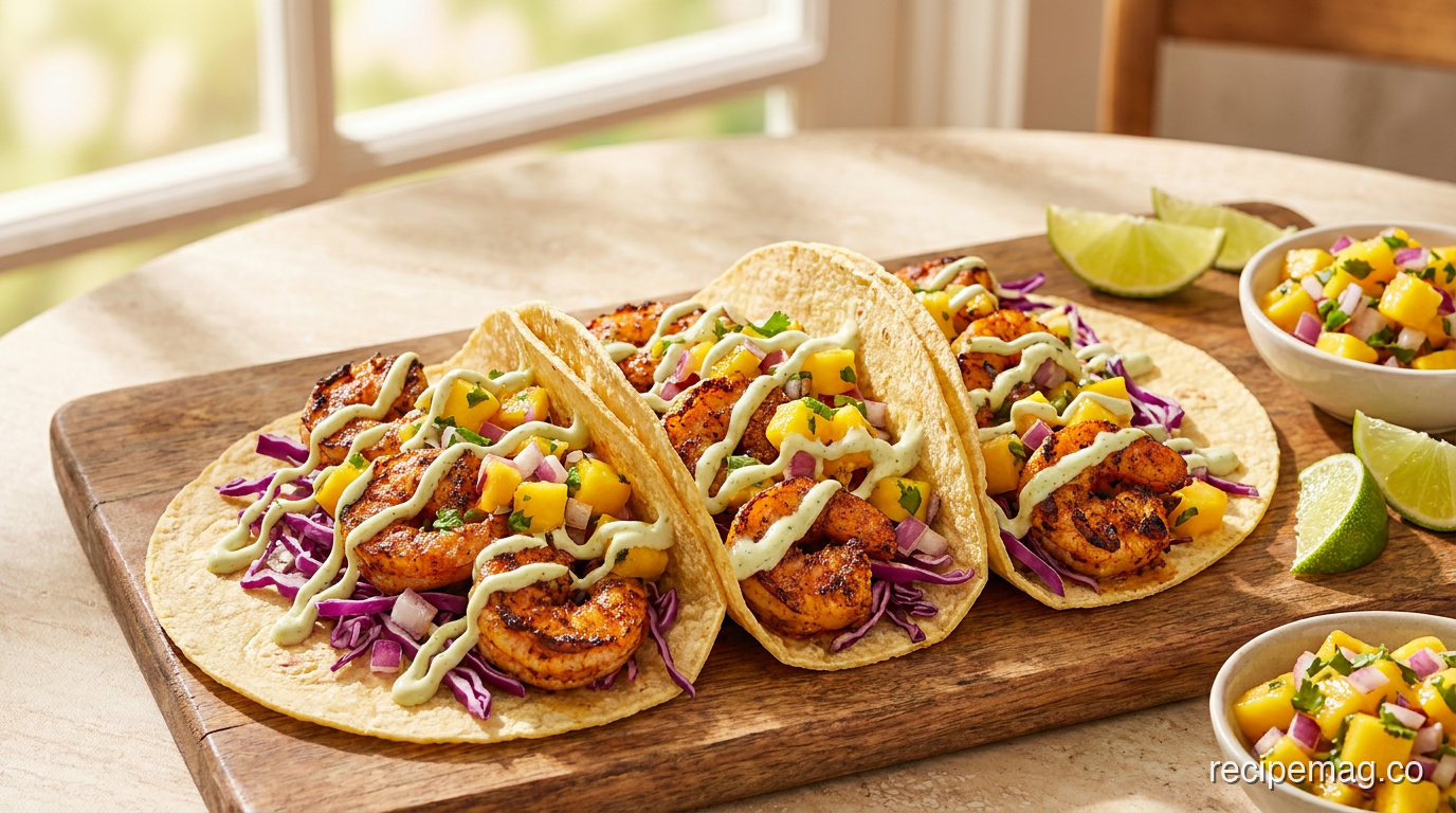 Spicy Mango Shrimp Tacos with Lime Crema