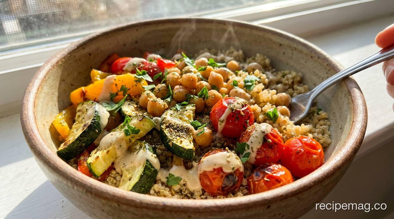 Quinoa and Roasted Veggie Bowl with Tahini Dressing